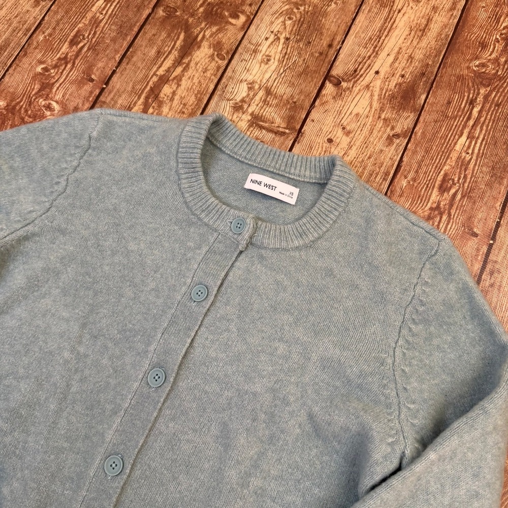 Nine West Cardigan Sweater Womens Extra Small Blue Button Front Ribbed Trim